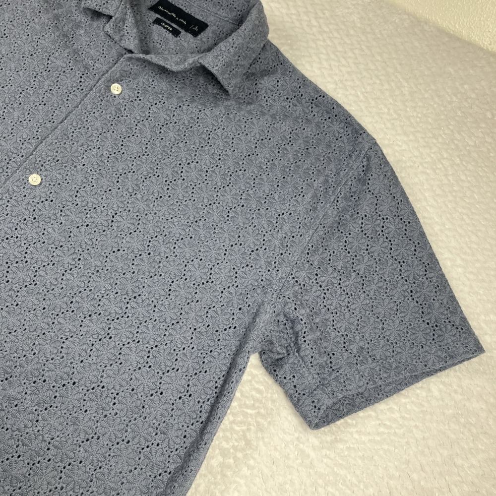 Abercrombie & Fitch Cropped Mens L Camp Collar Eyelet Lace Short Sleeve Blue - Picture 5 of 12